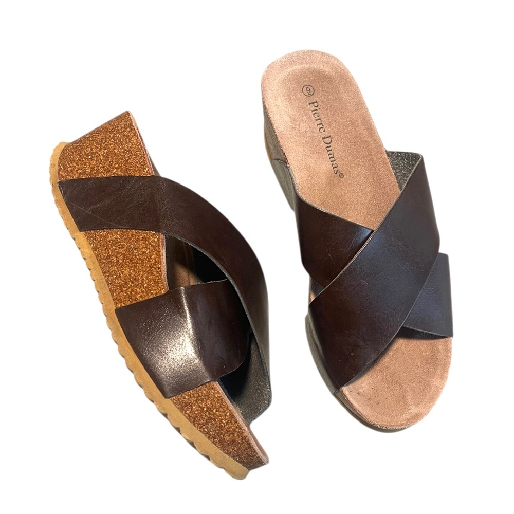 Pierre Dumas Sandals Women's Size 9 Brown Strap Cork Wedge Shoes